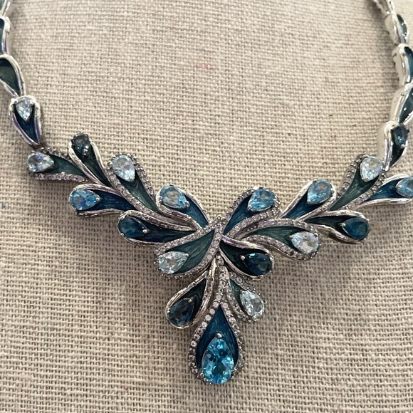 Gorgeous Vintage-style Statement Necklace— Aquamarine, Topaz & Diamond. 17”